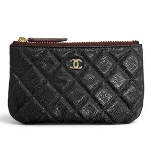 CHANEL Chanel Caviar Skin Coco Mark Matelassé Classic Small Zip Pouch Mini Bl...